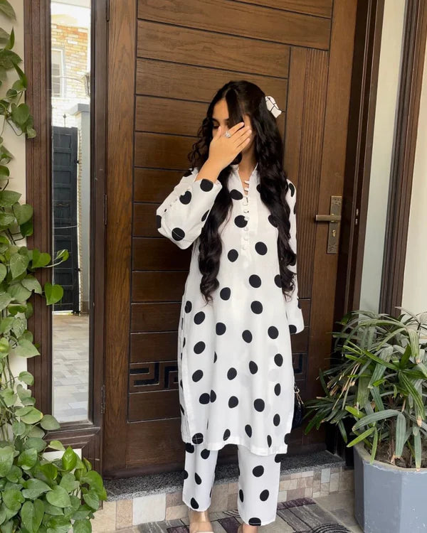 Polka Dots Printed 2-Piece Suit – Premium Quality Linen Fabric