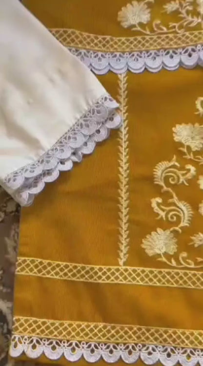 Sleeves, Shirt Embroidered with Lace Attached with Cotton Trouser 3PCs